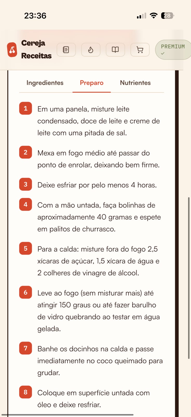 Aba de modo de preparo de uma receita no Cereja, com os passos numerados.